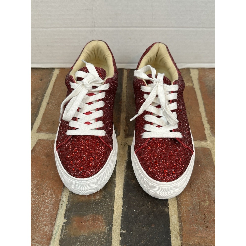 Betsey Johnson Platform Sneakers Red Rhinestone White Details Bling Women's 6 - Picture 3 of 8